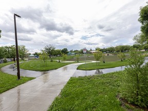 The city says the newly completed storm pond at W.W. Ashley Park passed its first test after a heavy rainstorm Monday. Photo taken in Saskatoon, Sask. on Tuesday, June 21, 2022.