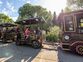 A group takes a tour on the Kinsmen Express II at the Saskatoon Forestry Farm Park & Zoo. The new train, sponsored by the Kinsmen Club of Saskatoon, is electric and doesn’t run on tracks.