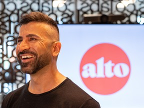 Hadi Taherian, co-owner of Alto, the online platform connecting home care providers with families in a more affordable way, sits for a photo in front of their logo in Saskatoon, June 23, 2022.