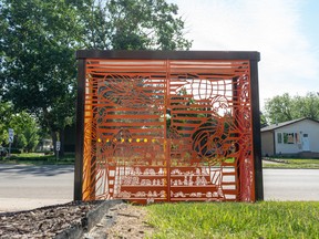 Metalwork designed by Indigenous artist Justine "Tini" Stillborn was unveiled on June 22, 2022 at a bus shelter on Confederation Drive. The four-panel piece is informed by the stories of residential school survivors, and is meant to evoke the history of children taken from their homes and sent to the schools, where thousands died. The artwork's story ends on a hopeful note, with a panel showing Indigenous people re-connecting with their culture,