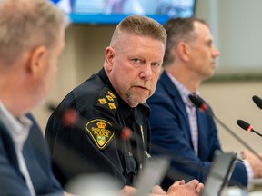 Saskatoon Chief of Police Troy Cooper speaks during a special meeting about decriminalizing simple possession of drugs between the city council's governance and priorities committee, and the board of police commissioners at Saskatoon City Hall on Wednesday, June 22, 2022.