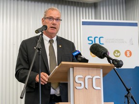 Mike Crabtree, President and Chief Executive Officer of Saskatchewan Research Council, speaks during the grand opening of a new SRC Mining & Minerals Facility in Saskatoon, Sask. on Wednesday, June 22, 2022.