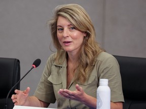 Canadian Foreign Minister Melanie Joly speaks during a trilateral meeting with U.S. and Mexican counterparts at the ninth Summit of the Americas in Los Angeles, California, U.S., June 10, 2022. REUTERS/Lucy Nicholson