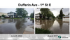 A City of Saskatoon report shows photos of areas near a recently built dry storm pond at W.W. Ashley Park. On the left, a photo taken after heavy rain on June 20, 2022, after the pond was installed. On the right, a photo from a heavy storm in 2017, prior to the pond being built.