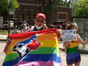 A Toronto Blue Jays fan showed the team and Pride with a flag in the Pride Parade in Saskatoon on Saturday, June 18, 2022.