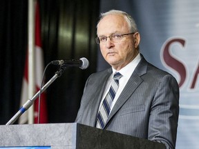 A file photo of Lyle Stewart speaking at a SARM convention in 2017.