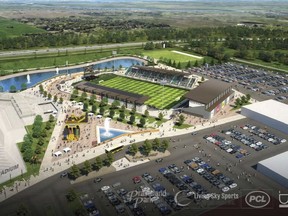 A rendering of a proposed soccer stadium at Prairieland Park in Saskatoon being proposed by Living Sky Sports and Entertainment and Prairieland Park.