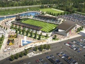 This is a rendering of a soccer stadium at Prairieland Park in Saskatoon being proposed by Living Sky Sports and Entertainment and Prairieland Park. The stadium would be be built where the Marquis Downs horse racing facility used to be. (Prairieland Park)