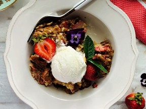 Strawberry Rhubarb Ricotta Buckle. Photo by Renee Kohlman.