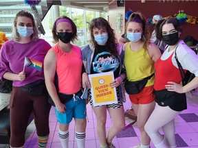Persephone Theatre's Queermunity Theatre Race kicked off June 9, 2022, giving teams 48 hours to put together a play. Queer-view Mirror (L to R): Danova Dickson, Adam Tweidt, Bobbi-Lee Jones, Chloe Mallinson and Paige Francoeur. (Olivia Swerhone-Wick, Persephone Theatre)