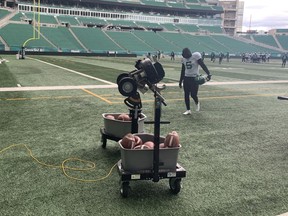 Saskatchewan Roughriders receiver Duke Williams walks off the field after injuring an ankle during Wednesday's practice at Mosaic Stadium.