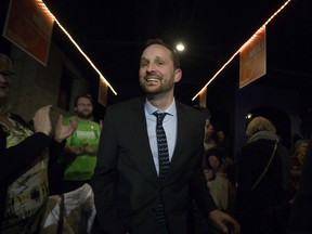 Ryan Meili celebrates at his campaign headquarters after winning the Saskatoon Meewasin byelection in Saskatoon, SK on Thursday, March 2, 2017.
