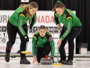 Saskatoon's Madison Kleiter competes against team B.C. during the 2021 New Holland world junior curling qualifying event, at Granite Curling Club in November, 2021.