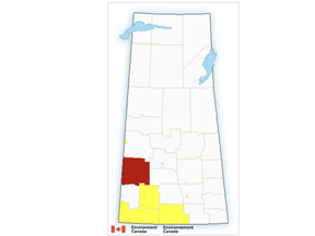 A screen capture of the Environment Canada map of public alerts for Saskatchewan on Tuesday, July 5, 2022.