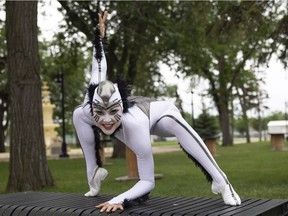 Cirque du Soleil contortionist Aruna, who plays the character White Spider, gives a demonstration of her act at Confederation Park on July 5 in Regina.