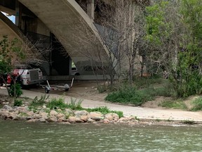 The emergency services boat launch under the Broadway Bridge in Saskatoon. The Saskatoon Fire Department demonstrated their water rescue boat on the South Saskatchewan River on July 19, 2022. (Thia James/Saskatoon StarPhoenix)
