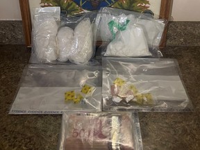 Saskatchewan RCMP seized 954 grams of methamphetamine and 337 grams of cocaine from vehicle on Trans-Canada Highway near Maple Creek on July 6, 2022. (Saskatchewan RCMP)
