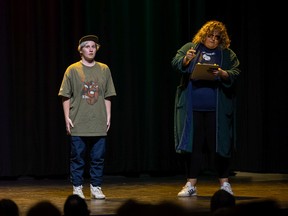 Jenna Berenbaum (left) and Marley Duckett perform a two-minute preview of Metempsychosis by Gumshoe Productions during the Saskatoon Fringe Festival preview night at the Broadway Theatre. Photo taken in Saskatoon, Sask. on Wednesday, July 27, 2022.