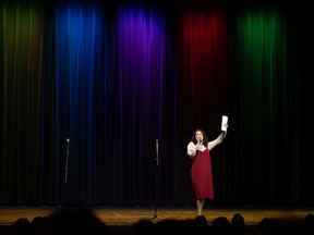 Amanda Trapp speaks during the Saskatoon Fringe Festival preview night at the Broadway Theatre. Trapp also performs in the show Half-Breed Vaudeville by Sorry/Grateful Theatre.