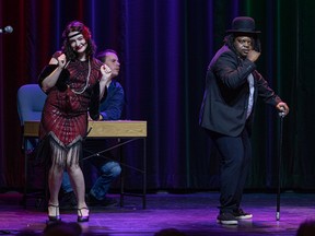 From left, Paige Francoeur, Jonathon Pickrell and Makhosini Ndlovu perform a two-minute preview of The Love Interest by Theatre Howl (Saskatoon) during the Fringe preview night at Broadway Theatre. Photo taken in Saskatoon, Sask. on Wednesday, July 27, 2022.