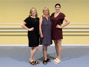 Longtime student of La Danse studio Shannon Menon (left), one of its founders Heather Myers and its administrator of the decade Mallory McGrath take a photo in one of its studios.  Photo taken in Saskatoon, Sask.  Thursday, July 14, 2022.