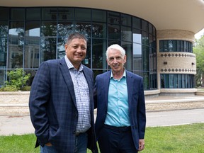 Saskatoon Tribal Council Chief Mark Arcand and University of Saskatchewan president Peter Stoicheff stand for a photo in front of the Gordon Oakes Red Bear Students Centre after speaking to media about the new policy on Indigenous identification at the University of Saskatchewan. Photo taken in Saskatoon, Sask. on Monday, July 25, 2022.