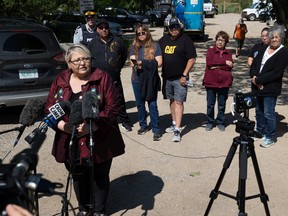 FSIN Vice Chief Heather Bear speaks during the second press conference at Chief Whitecap Park where the search continues for Dawn Walker and her 7-year-old son Vincent Jansen who went missing Friday evening. Photo taken in Saskatoon, Sask. on Tuesday, July 26, 2022.