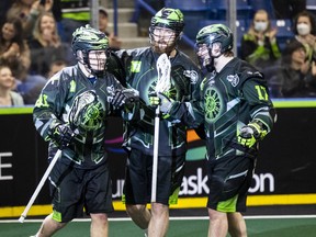 Saskatchewan Rush forward Dan Lintner (41), shown here being congratulated by teammates Mike Messenger (8) and Robert Church (17) after his goal against the Colorado Mammoth during NLL action in Saskatoon on April 16, 2022, is a free agent yet to be re-signed.