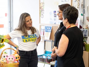 Deputy Prime Minister Chrystia Freeland (left) visits Baba’s Closet, a community organization run by Nettie Cherniatenski that supports Ukrainian families by providing essentials and school supplies, free of charge.  Photo taken in Saskatoon, Sask. on Wednesday, Aug 24, 2022.