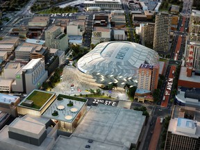 An artist's rendering showing what a proposed new downtown arena might look like if council chooses what's referred to in city documents as Site A, located on land currently occupied by a parking lot north of the Midtown Plaza shopping centre. (Supplied/City of Saskatoon)