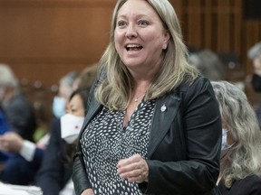 Treasury Board President Mona Fortier rises during Question Period, Monday, May 2, 2022 in Ottawa. The Treasury Board is rejecting an idea pitched by some Indigenous public servants to offer "blanket exemptions" from having to learn both of Canada's official languages.