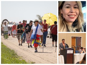 Dawn Dumont Walker (top right) and her son were found safely in Oregon on Aug. 5, two weeks after they were last seen in Saskatoon. During that time, a walk was held in support of the search (left) and loved ones raised concern, including Federation of Sovereign Indigenous Nations Chief Bobby Cameron and Treaty Commissioner Mary Culbertson. TOP RIGHT: Supplied pic