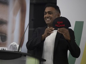 Producer Anand Ramayya speaks during an unveiling of a new Creative Saskatchewan's Feature Film and Television Production Grant Program film called King of Killers at the John Hopkins Regina Soundstage on Aug. 19, 2022.