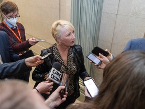 Independent MLA Nadine Wilson  speaks with reporters at the Legislative Building on Wednesday, May 18, 2022 in Regina.
TROY FLEECE / Regina Leader-Post