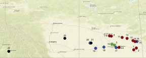 At least 23 similar incidents in Western Canada may be linked, as shown on this map. (Saskatchewan RCMP)