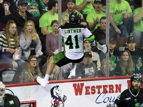 Rush Dan Lintner is seen jumping along the boards during the first half of action as the Calgary Roughnecks host the Saskatchewan Rush at the Saddledome. March 17, 2022. Brendan Miller/Postmedia