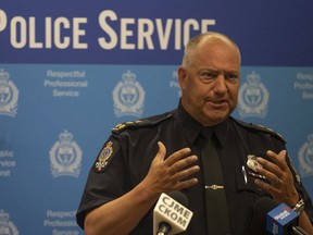 Regina Police Services Chief Evan Bray addresses a Statistics Canada report on crime statistics at the Regina Police Headquarters on Tuesday, August 2, 2022. The Regina census metropolitan area (CMA) had the highest rate of homicide among 35 Canadian CMAs for 2021.
