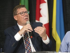 The Ramada Hotel served as welcome reception centre for Ukrainian citizens on Friday, August 12, 2022 in Regina. Premier Scott Moe speaks during a formal announcement.