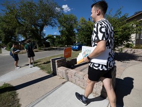 NDP volunteer Kent Peterson canvasses for Nathaniel Teed in the City Park neighbourhood for the upcoming Saskatoon Meewasin byelection which is called for September 26. Photo taken in Saskatoon, Sask. on Tuesday, Aug 30, 2022.