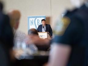 Saskatoon Tribal Council Chief Mark Arcand addressed a luncheon hosted by the NSBA about his organization's ongoing efforts to set up and operate homeless shelters in the city.