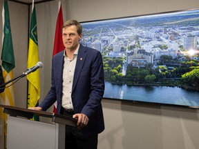 Saskatoon Mayor Charlie Clark speaks during a press conference at City Hall regarding potential sites for a new downtown arena.