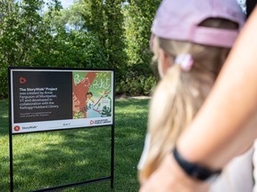 Saskatoon Public Library hosts StoryWalk for the summer, a series of signs along the walking path in Kinsmen Park with pages from a children's book. For August, the book is Poem in my Pocket by Chris Tougas.