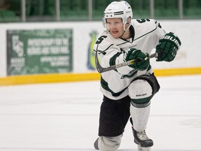 University of Saskatchewan Huskies D-man Shane Collins had a pair of goals Friday in an 8-3 win over Trinity Western University Spartans.