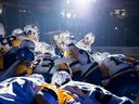 The Saskatoon Blades huddle before their fourth WHL playoff game against the Moose Jaw Warriors in Saskatoon on Wednesday, April 27, 2022.