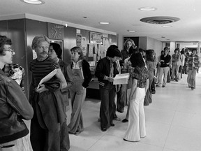 A photo of University of Saskatchewan students lining up to register for classes, from Sept. 8, 1977.