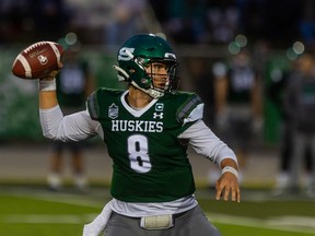 Huskies' quarterback Mason Nyhus will square off with the Manitoba Bisons on Friday night.