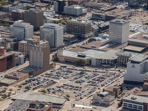 This 2019 aerial photo of downtown Saskatoon shows the parking lot north of Midtown Plaza and TCU Place, which is one of two potential sites for a new downtown arena.