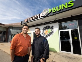 Kunal Makkar, left, and Raman Kumar are co-owners of Between the Buns, a new burger restaurant featuring wild meat on Early Drive. Photo taken in Saskatoon, SK on Thursday, September 22, 2022.