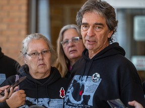 Brian and Debbie Gallagher speak outside Saskatoon provincial court, where Cheyann Chrystal Peeteetuce made her first appearance, charged with first-degree murder in the death of their daughter, Megan Gallagher.