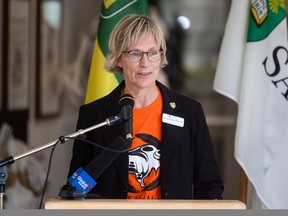 Dr. Gillian Muir, dean of the Western College of Veterinary Medicine (WCVM), speaks at a press conference announcing government funding for five more student seats at the college.